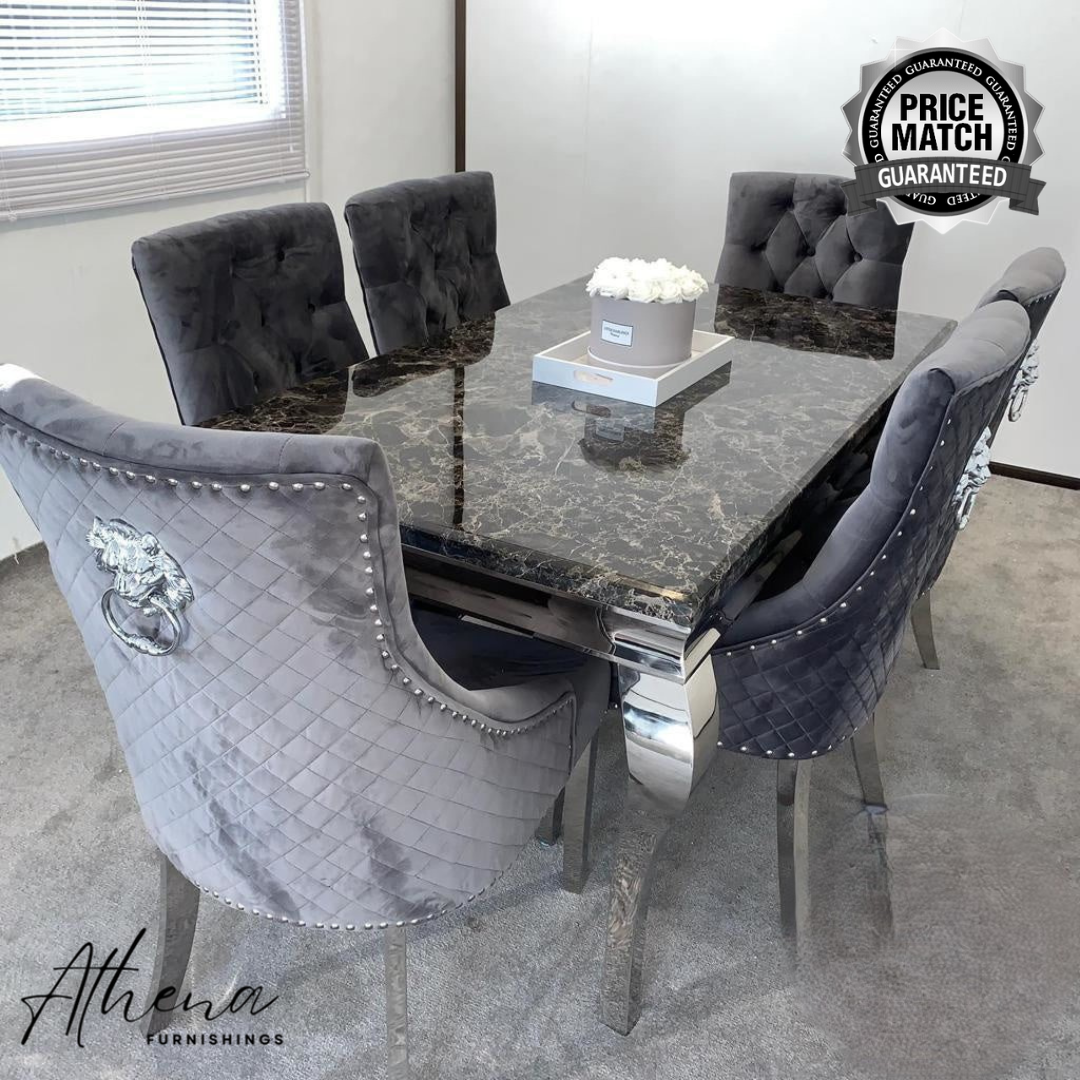 Skipton Chrome Black Marble Table with Grey Carlisle Chairs