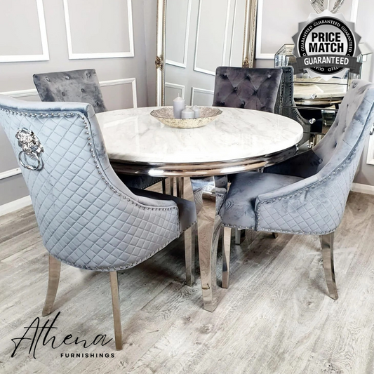 Skipton Circular Chrome White Marble Dining Table with 4x Grey Carlisle Chairs