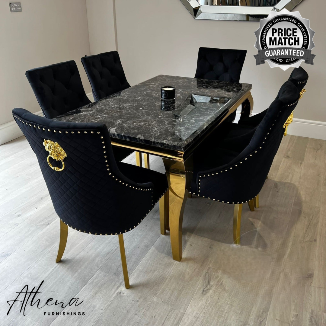 Skipton Gold Black Marble Dining Table with Black and Gold Carlisle Chairs