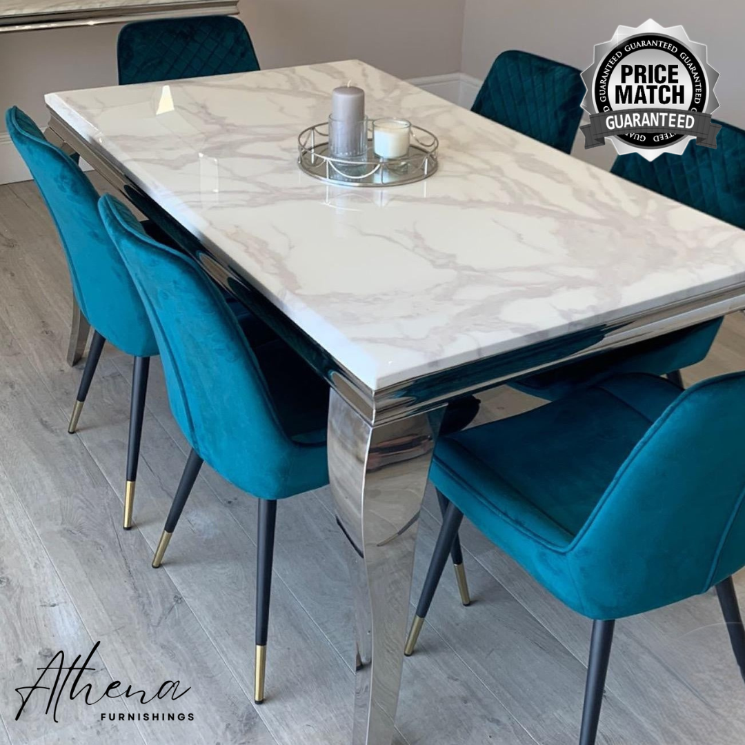 Skipton Chrome White Marble Dining Table with Teal Windsor Chairs