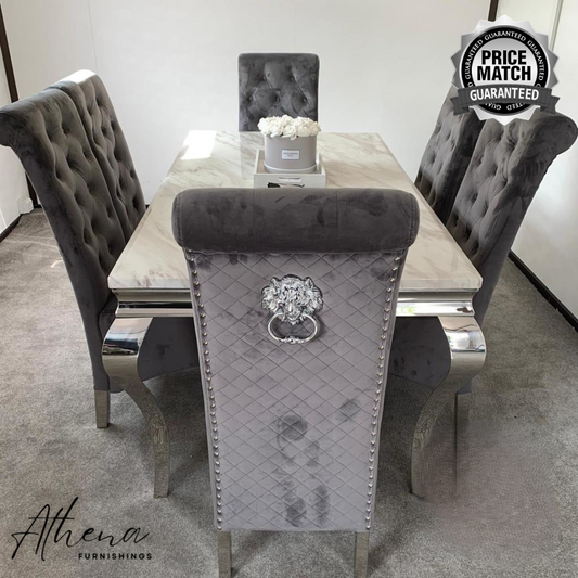 Skipton Chrome White Marble Dining Table with Grey Gloucester Chairs