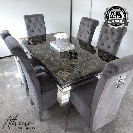 Skipton Chrome Black Marble Dining Table with Grey Gloucester Chairs