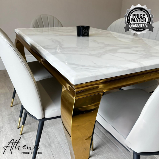 Skipton Gold White Marble Dining Table with Beige Maldon Chairs