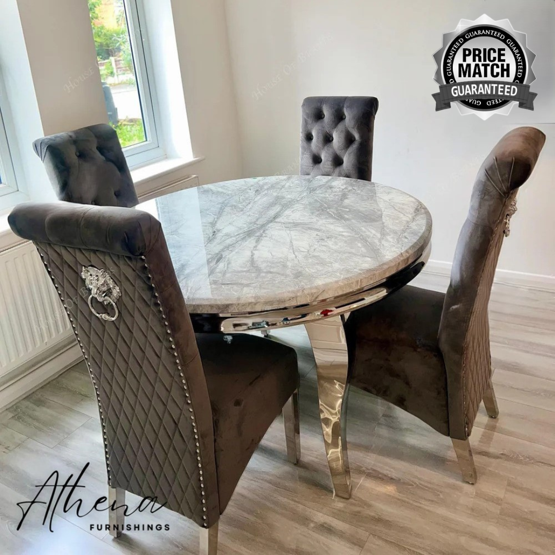 Skipton Circular Chrome White Marble Dining Table with 4x Grey Gloucester Chairs