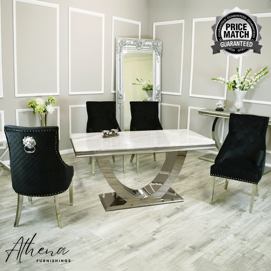 Somerset 1.8M White Marble Dining Table with Black Carlisle Chairs