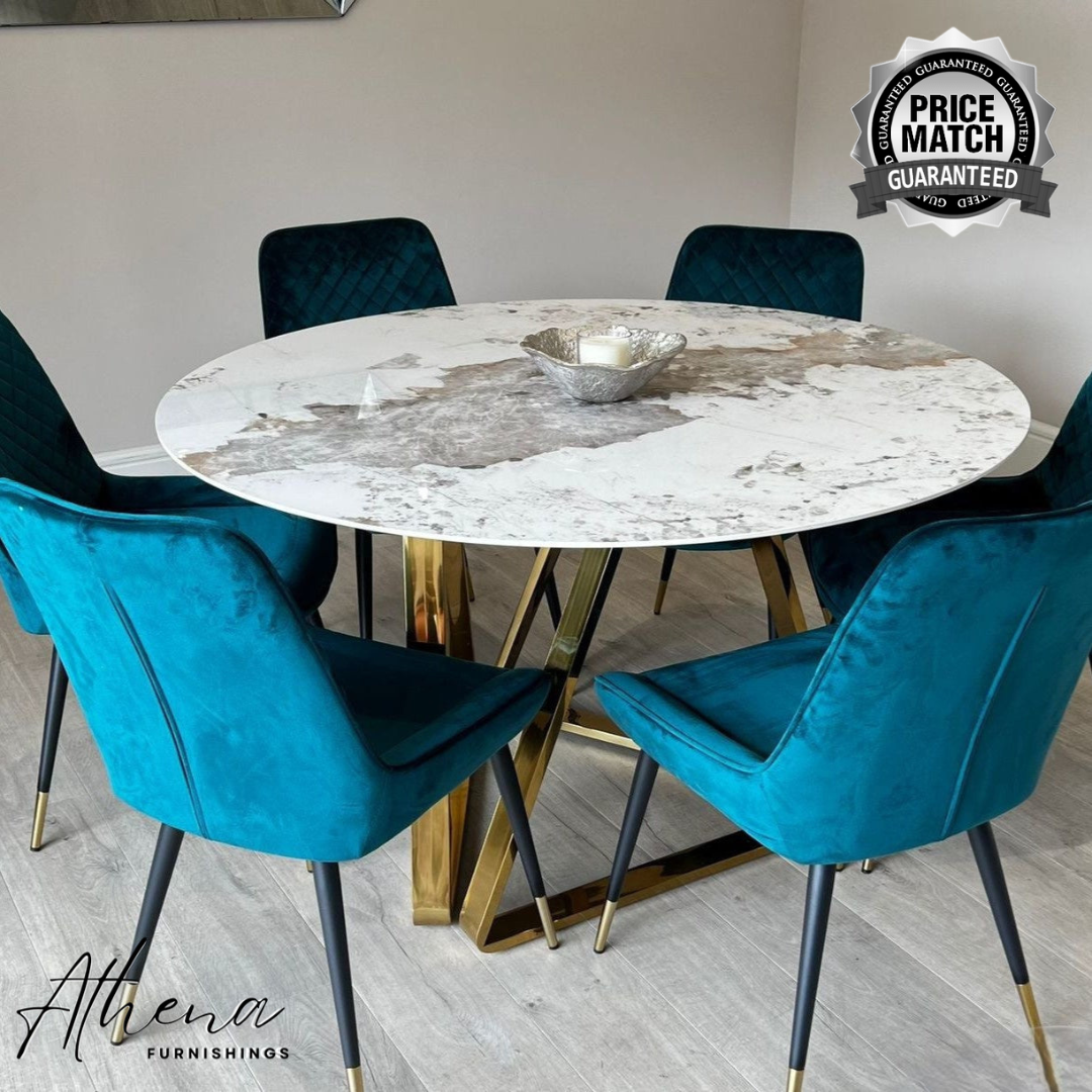 Abingdon Gold Circular White Sintered Stone Dining table with Teal Windsor Chairs