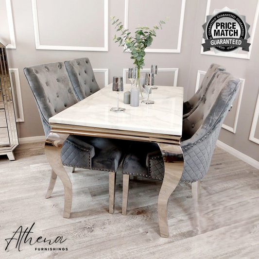 Skipton Chrome White Marble Dining Table with Grey Carlisle Chairs