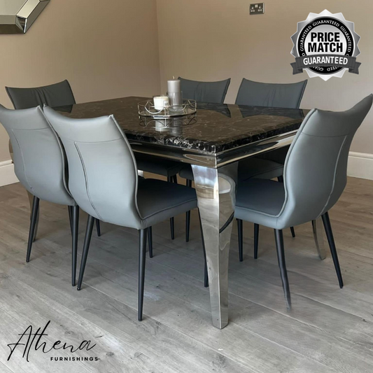 Skipton Chrome Black Marble Dining Table with Grey Ely Chairs