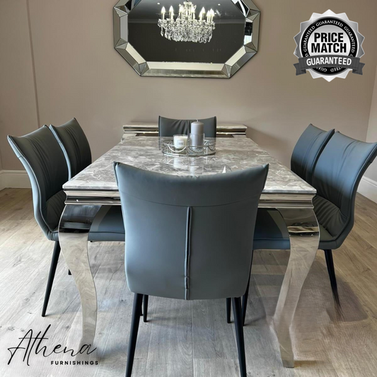 Skipton Chrome Grey Marble Dining Table with Grey Ely Chairs