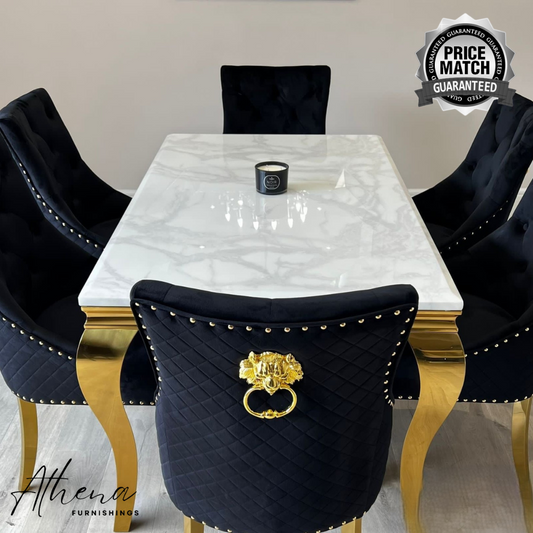 Skipton Gold White Marble Dining Table with Black and Gold Carlisle Chairs