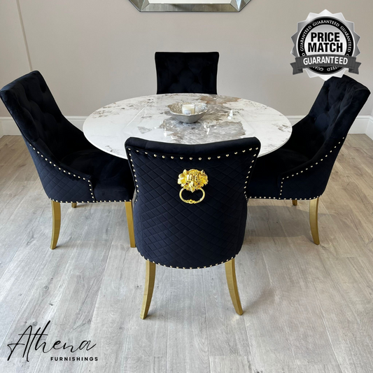 Kendal Gold 1.2M Circular Sintered Stone Dining Table with Black Carlisle Gold Chairs