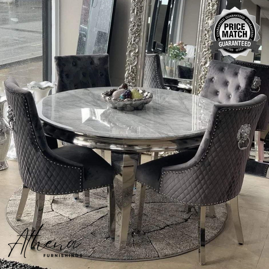 Skipton Circular Chrome Grey Marble Table with 4x Grey Carlisle Chairs