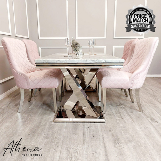 Oswestry 1.8m Grey Marble Dining Table with Pink Velvet Chester Dining Chairs