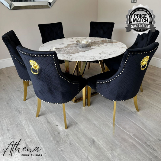 Abingdon Gold Circular White Sintered Stone Dining Table with Black and Gold Carlisle Chairs