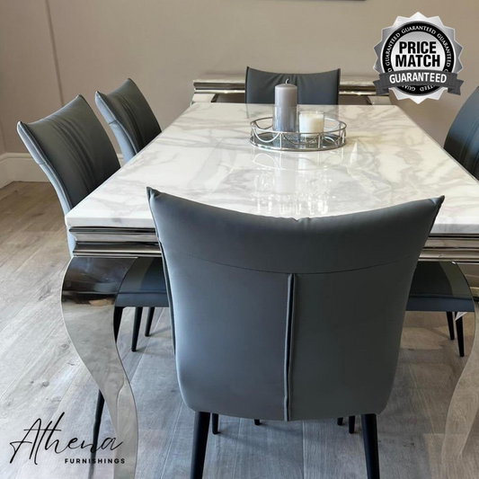 Skipton Chrome White Marble Dining Table with Grey Ely Chairs