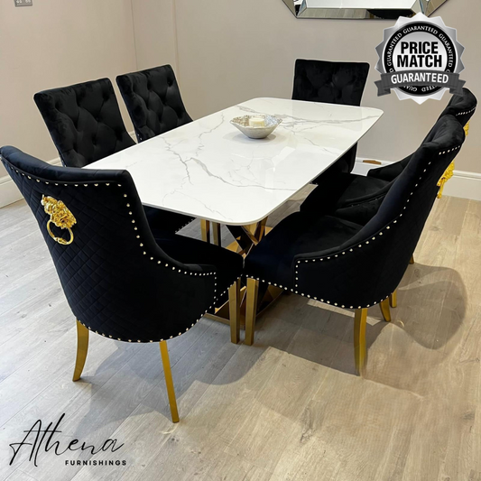 Lymington Gold White Sintered Stone Dining Table with Black Carlisle Gold Chairs