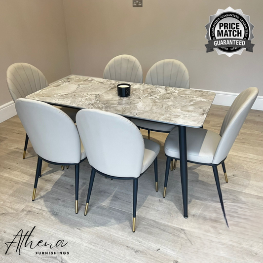 Tewkesbury Grey Sintered Stone Dining Table with Beige Maldon Chairs