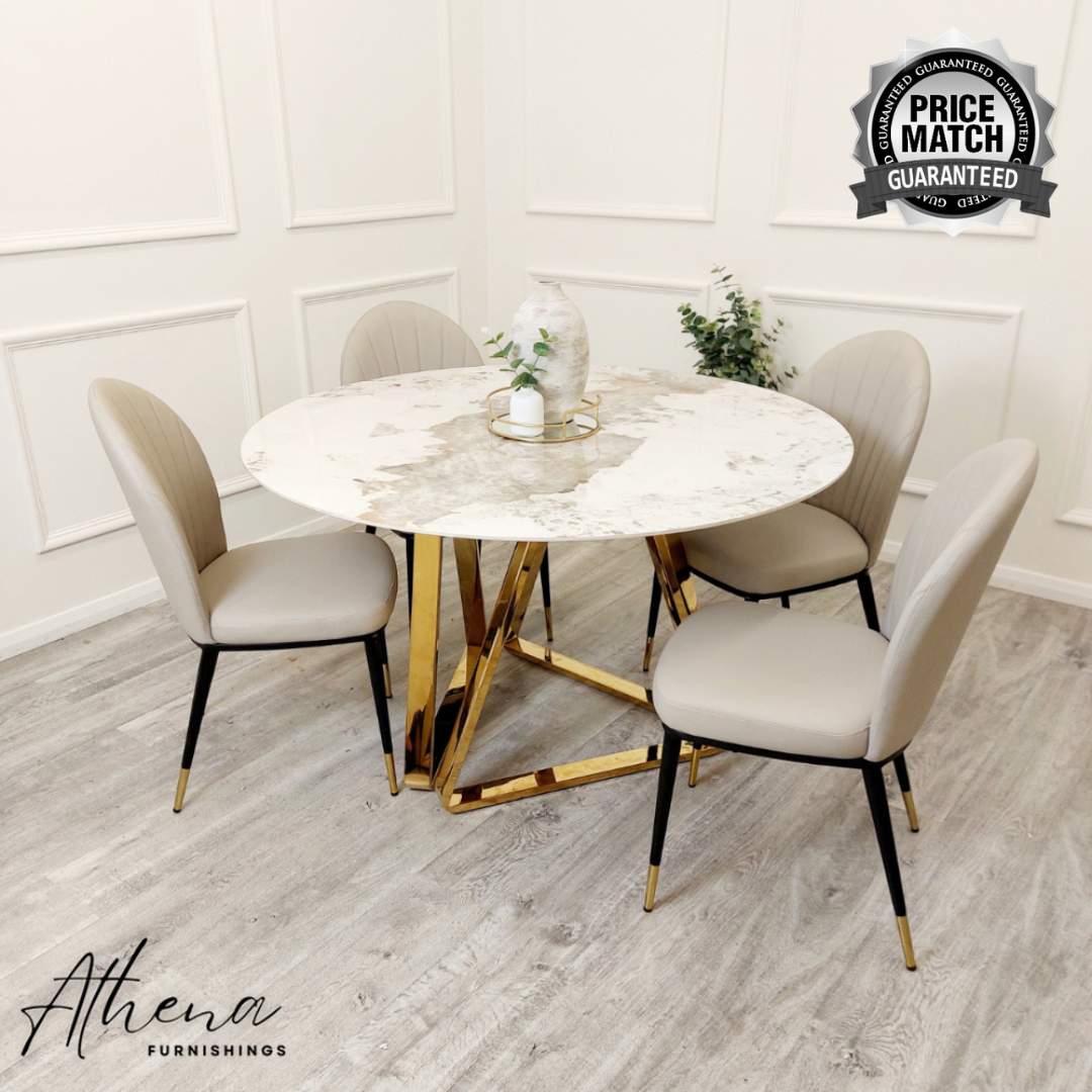 Abingdon Gold Circular White Sintered Stone Dining Table with Beige Maldon Chairs