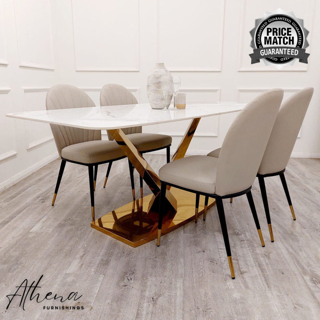 Lymington Gold White Sintered Stone Dining Table with Grey Maldon Chairs