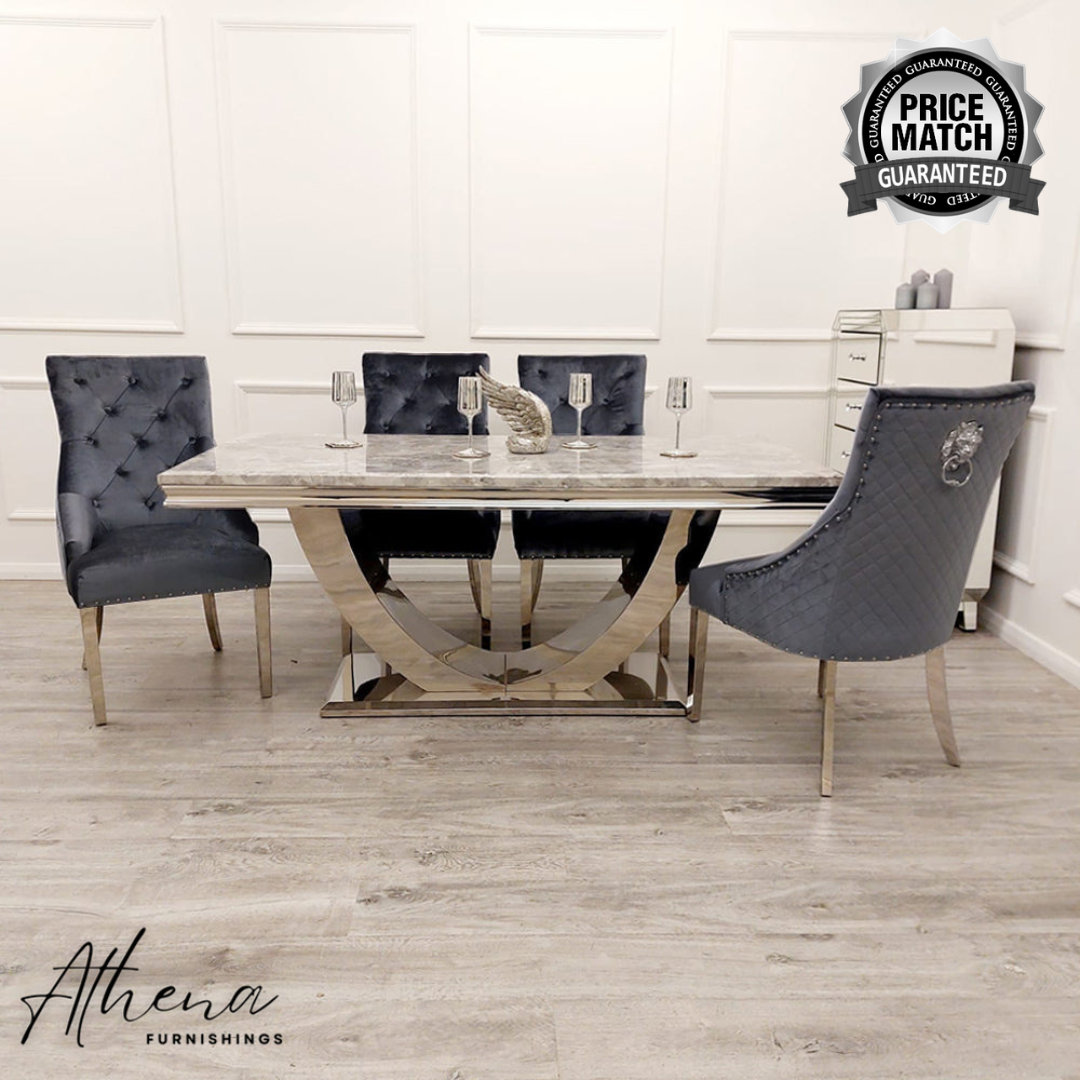 Somerset Grey Marble Dining Table with Grey Carlisle Chrome Chairs