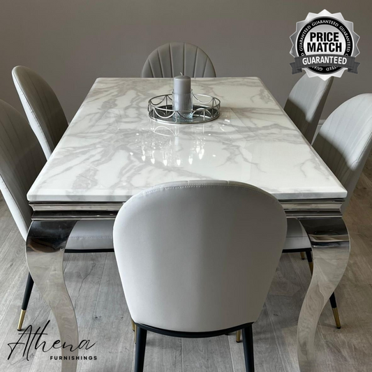 Skipton Chrome White Marble Dining Table with Beige Maldon Chairs