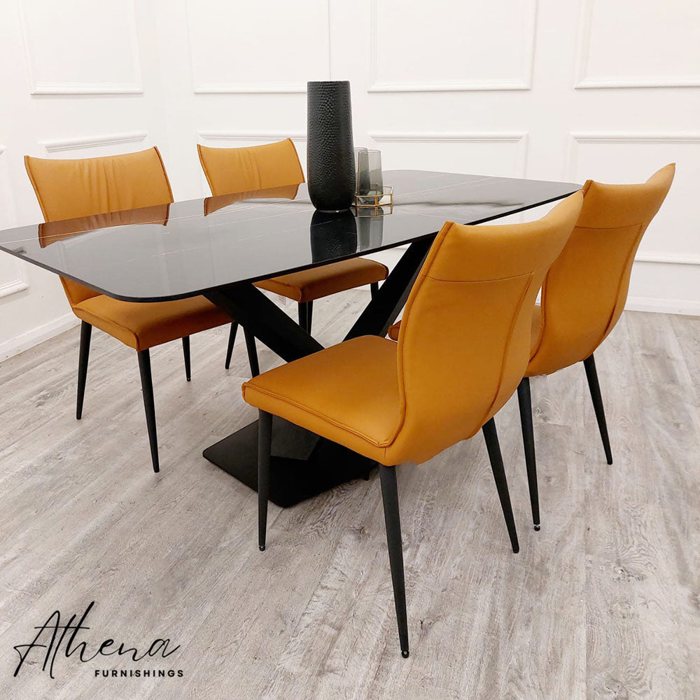 Alnwick 1.6M Black Sintered Dining table with Tan Ely Chairs