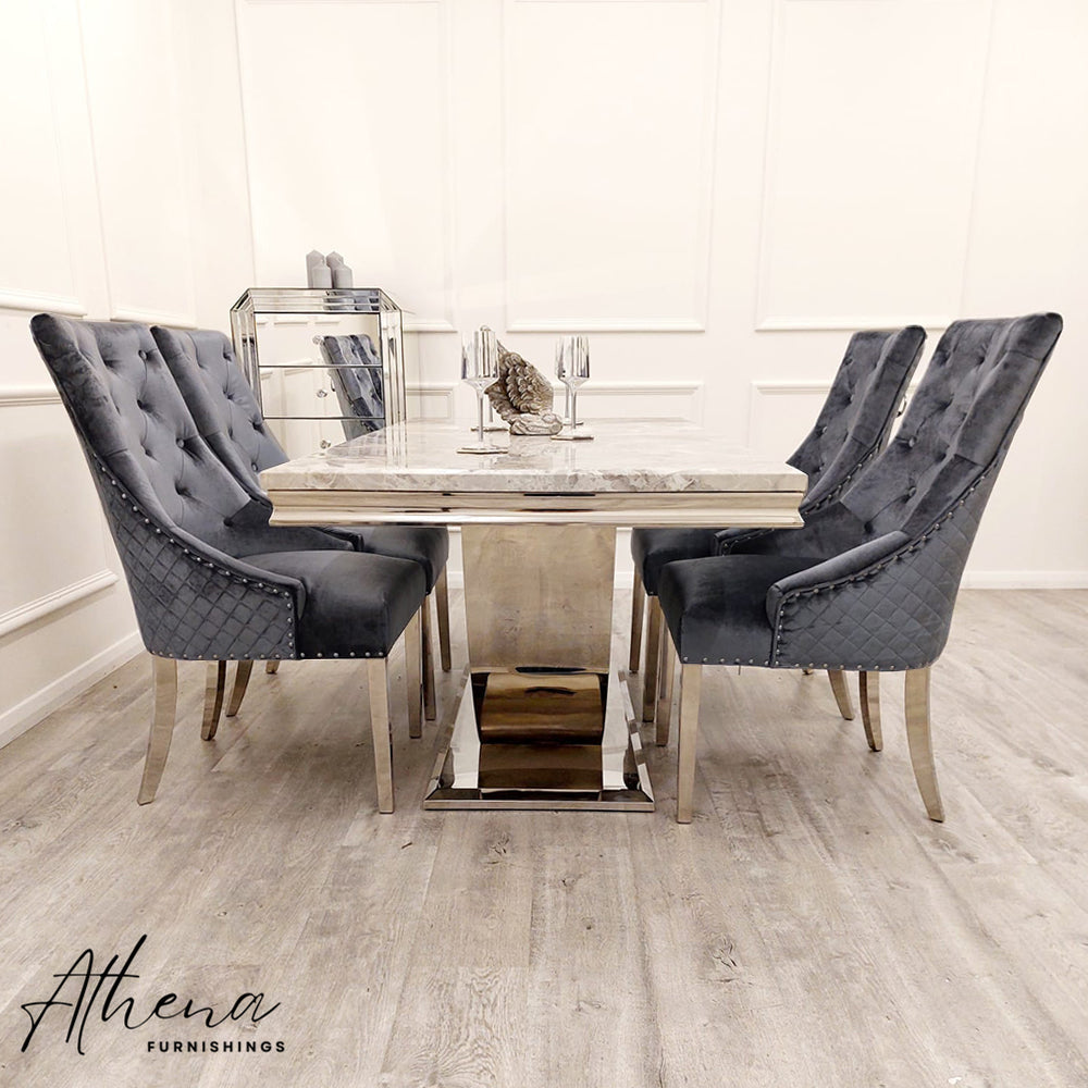 Somerset Grey Marble Dining Table with Grey Carlisle Chrome Chairs