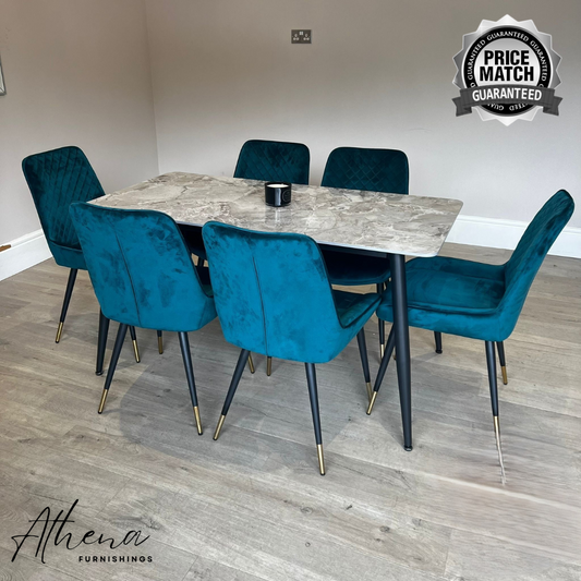 Tewkesbury Grey Sintered Stone Dining Table with Teal Windsor Chairs