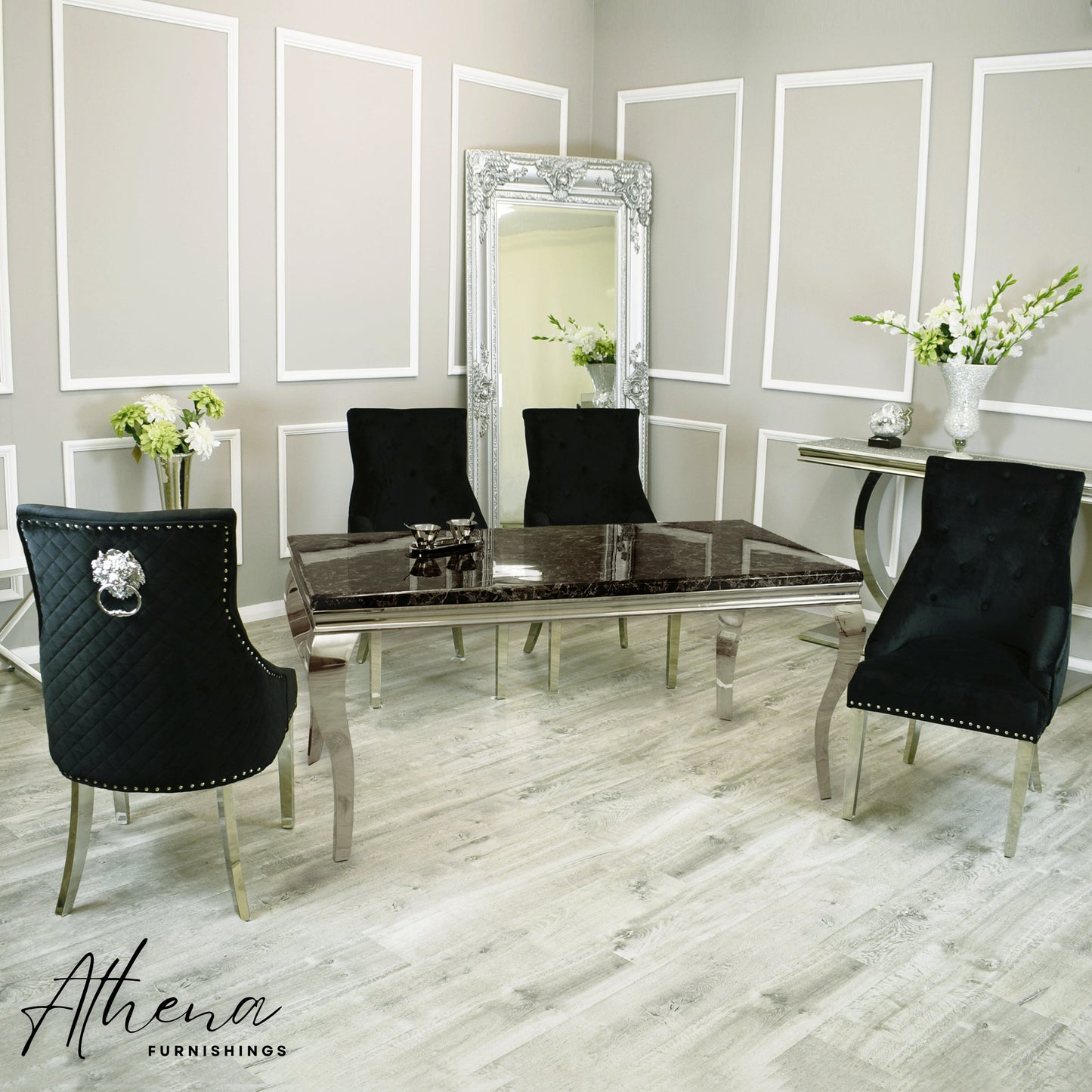 Skipton Chrome Black Marble Table with Black Carlisle Chrome Chairs