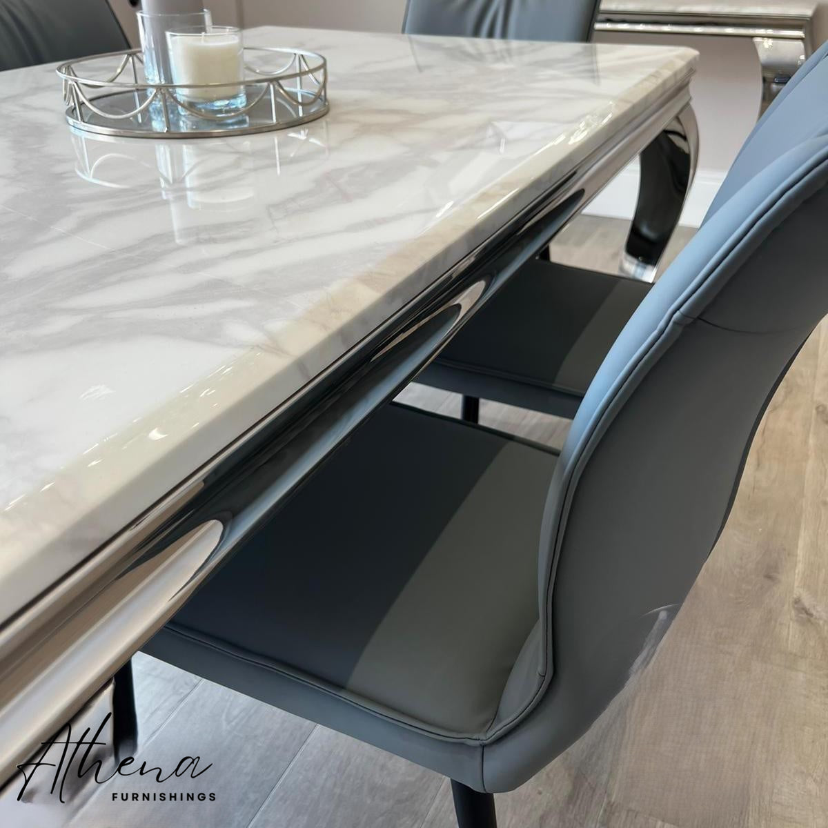 Skipton Chrome White Marble Dining Table with Grey Ely Chairs