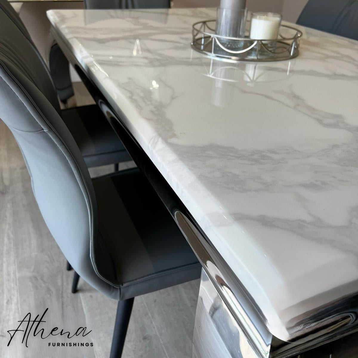 Skipton Chrome White Marble Dining Table with Grey Ely Chairs