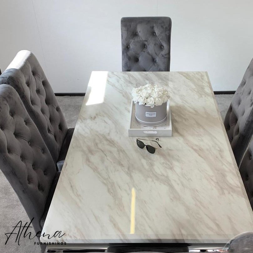 Skipton Chrome White Marble Dining Table with Grey Gloucester Chairs