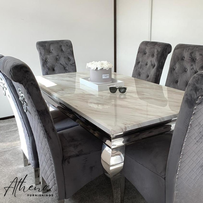 Skipton Chrome White Marble Dining Table with Grey Gloucester Chairs