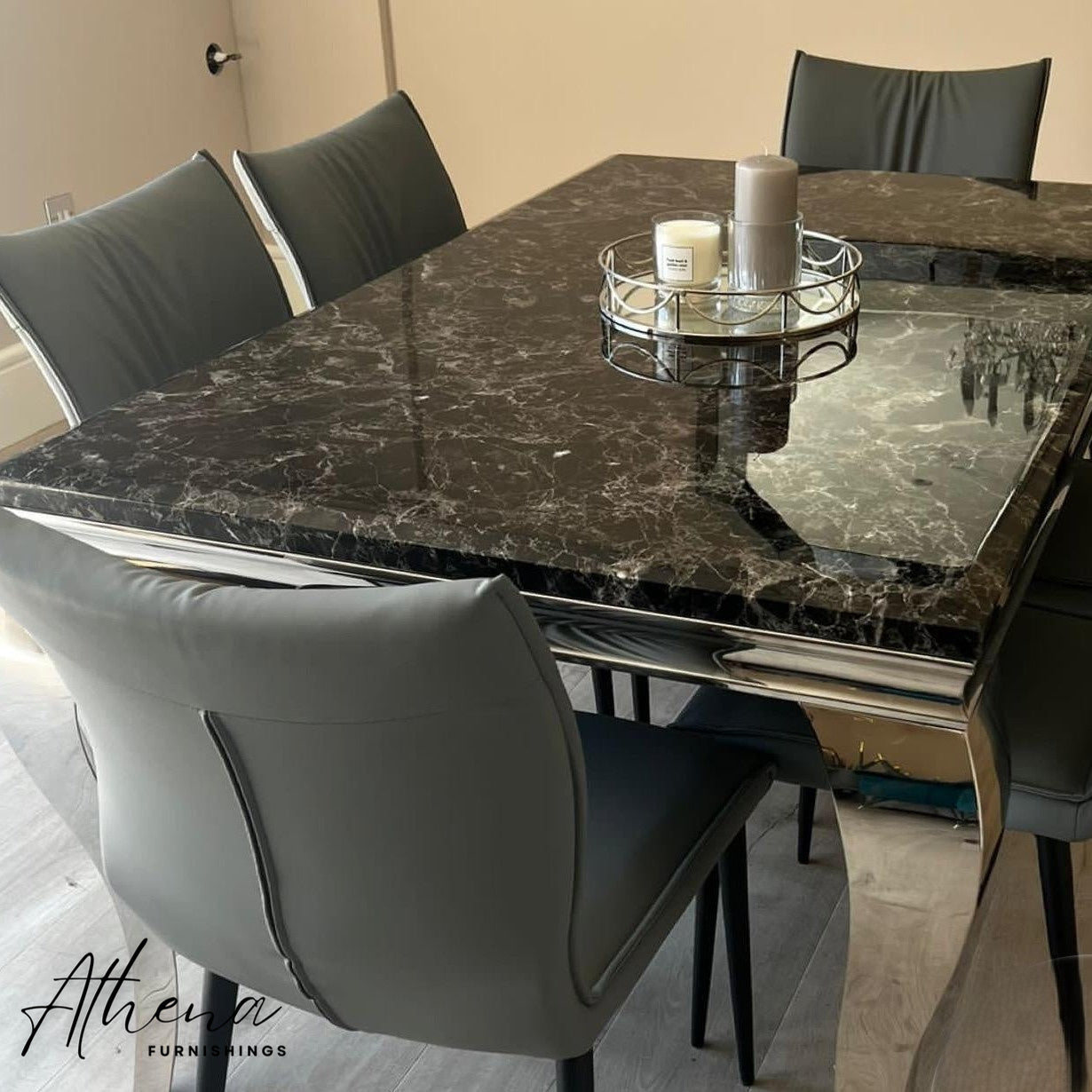 Skipton Chrome Black Marble Dining Table with Grey Ely Chairs