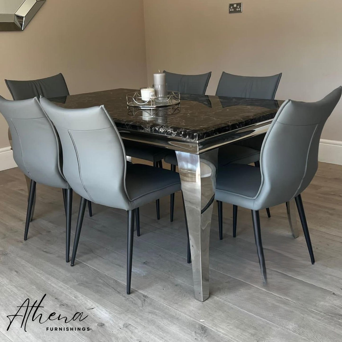 Skipton Chrome Black Marble Dining Table with Grey Ely Chairs