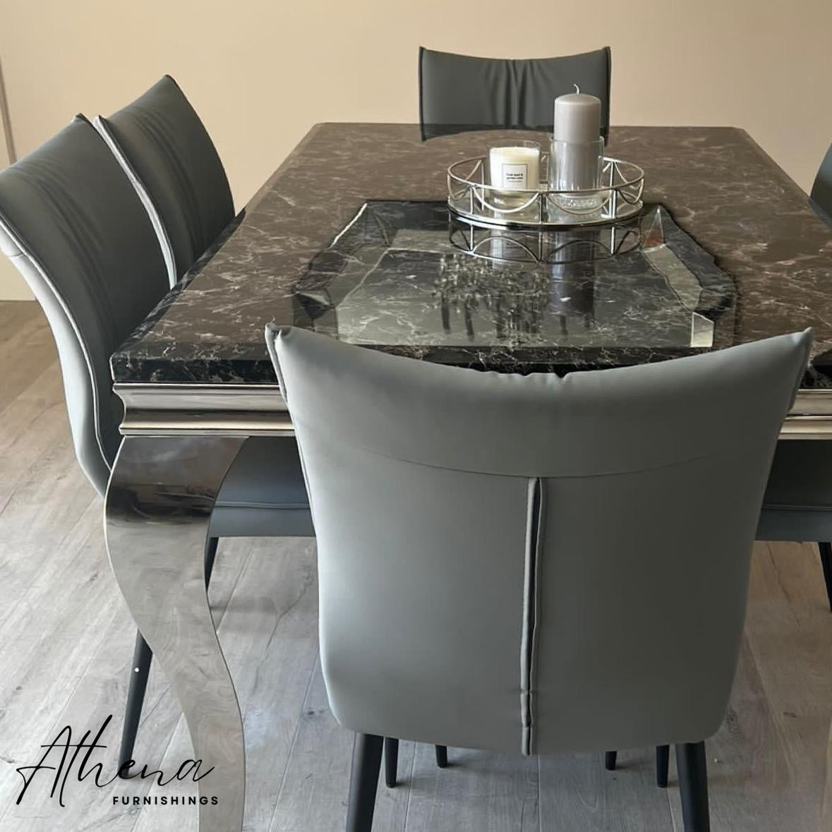 Skipton Chrome Black Marble Dining Table with Grey Ely Chairs