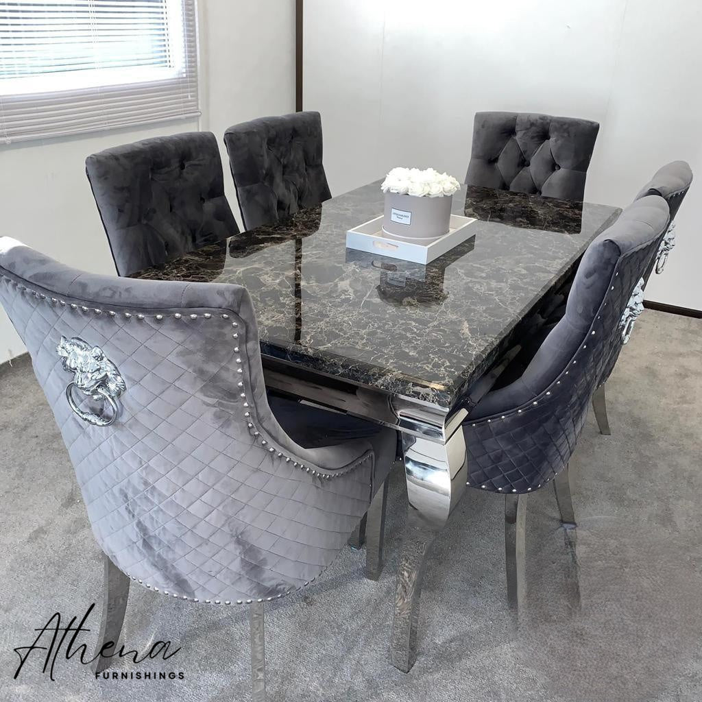 Skipton Chrome Black Marble Table with Grey Carlisle Chairs