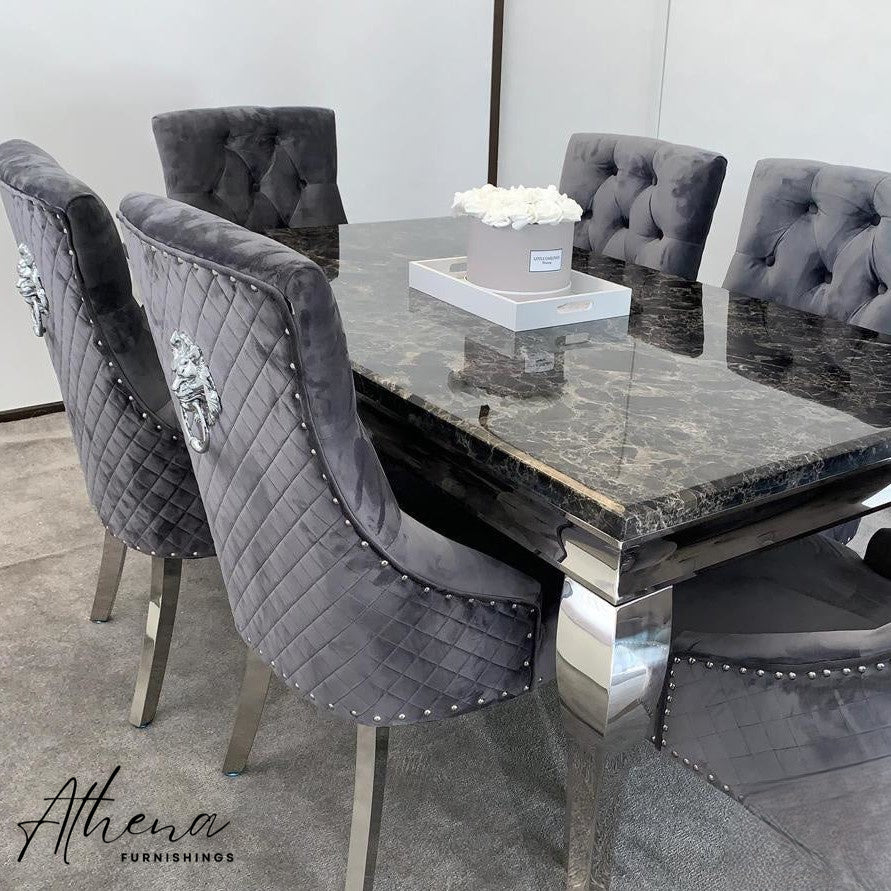 Skipton Chrome Black Marble Table with Grey Carlisle Chairs