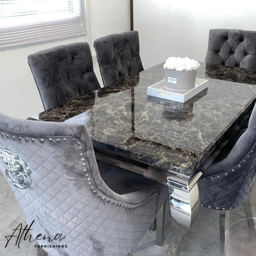 Skipton Chrome Black Marble Table with Grey Carlisle Chairs