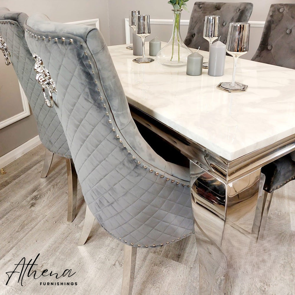 Skipton Chrome White Marble Dining Table with Grey Carlisle Chairs