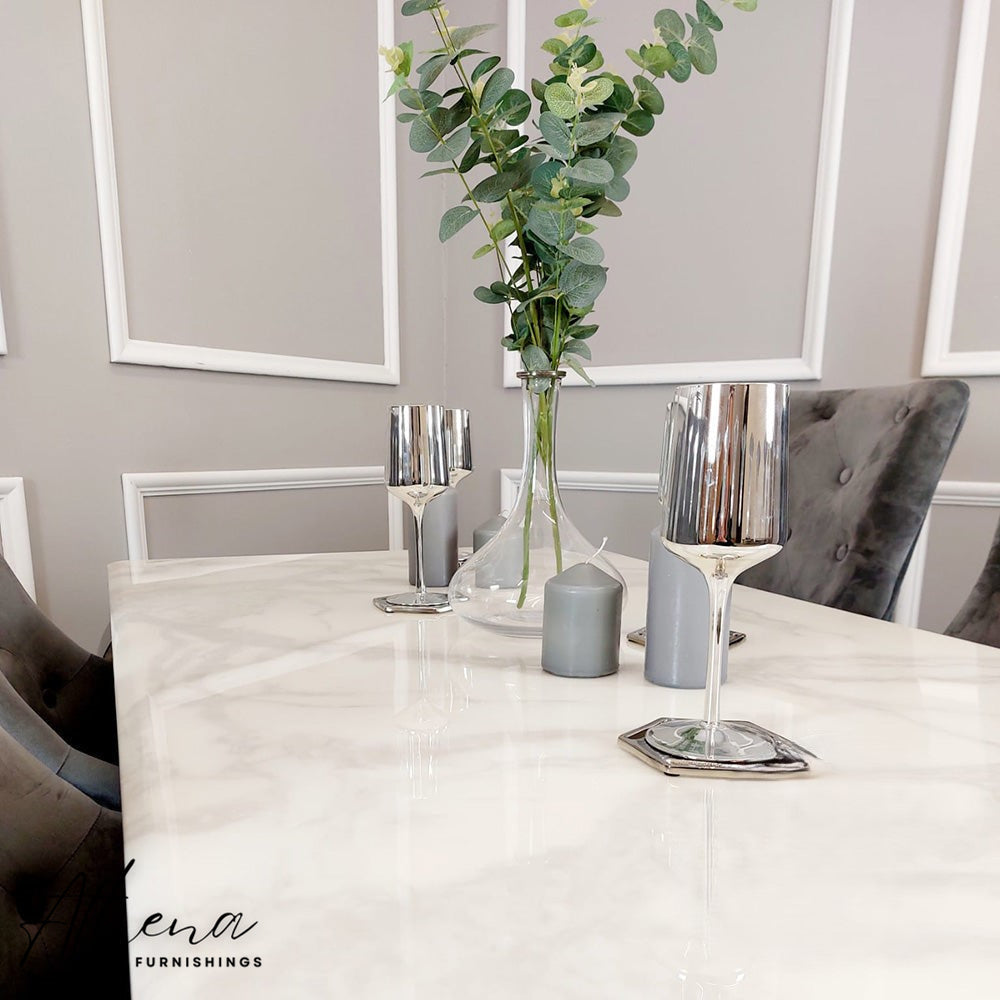 Skipton Chrome White Marble Dining Table with Grey Carlisle Chairs