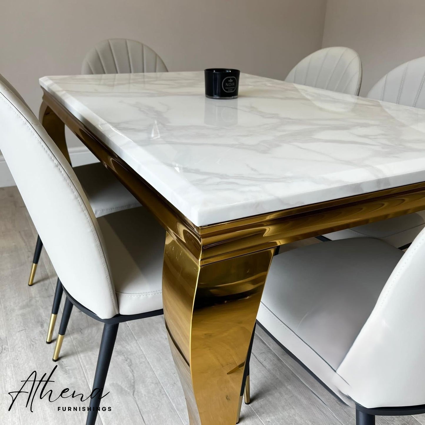 Skipton Gold White Marble Dining Table with Beige Maldon Chairs