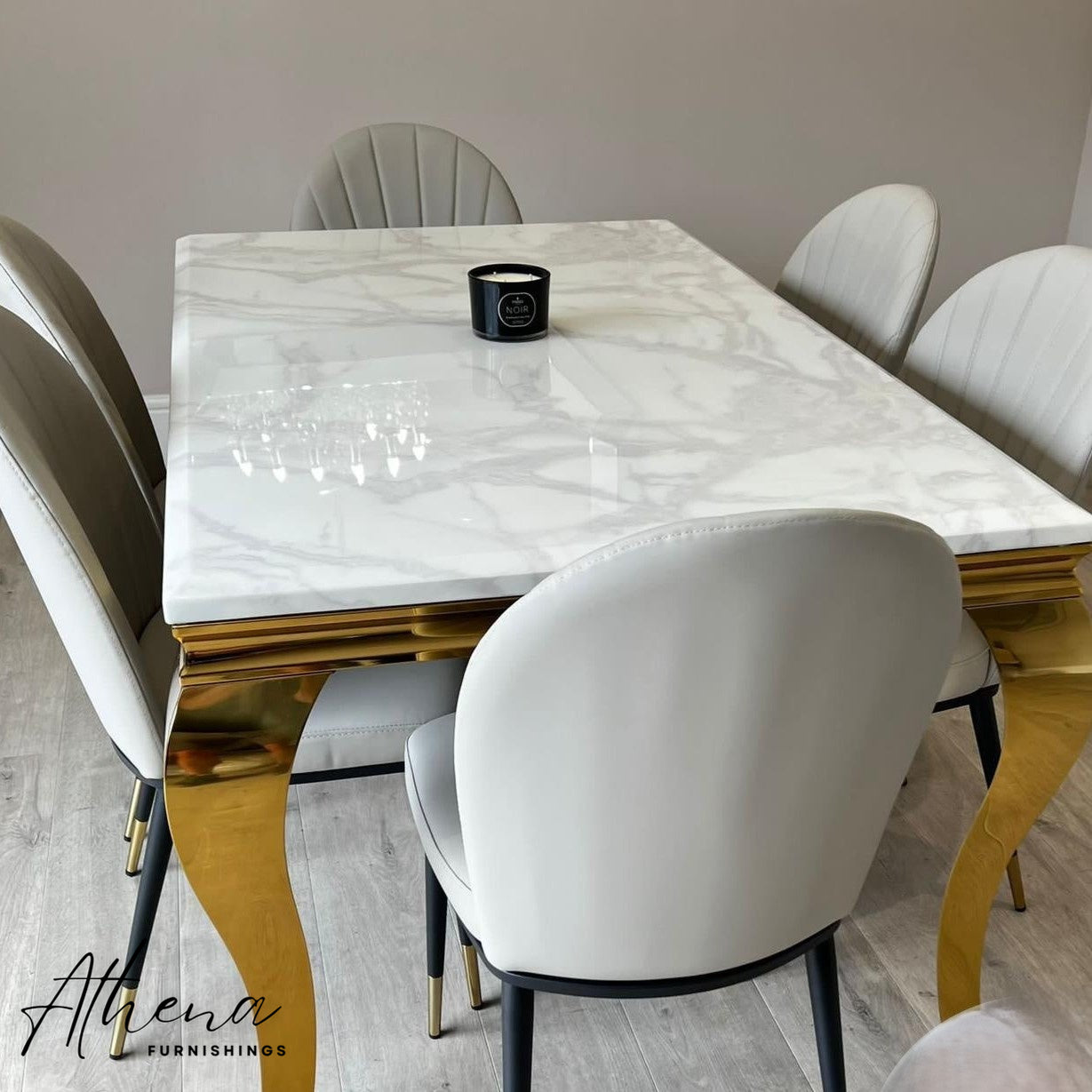 Skipton Gold White Marble Dining Table with Beige Maldon Chairs