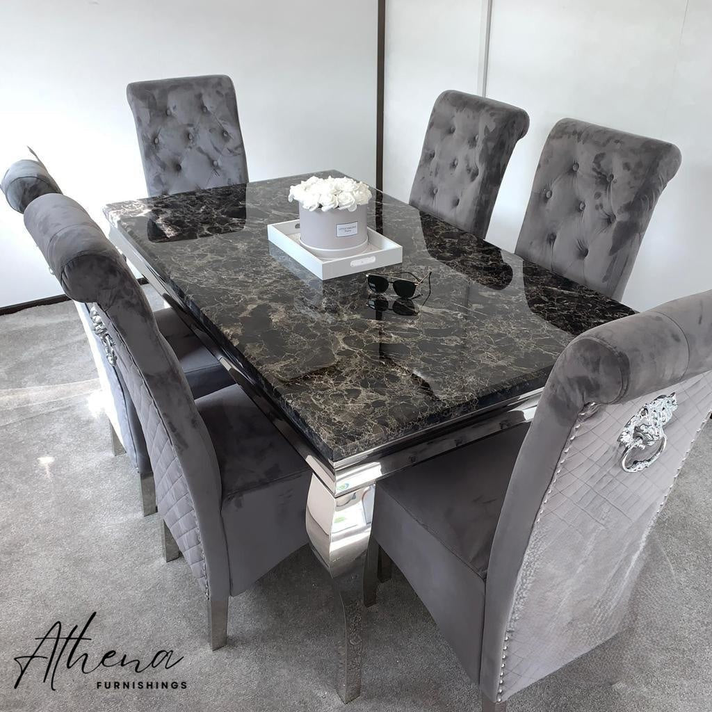 Skipton Chrome Black Marble Dining Table with Grey Gloucester Chairs