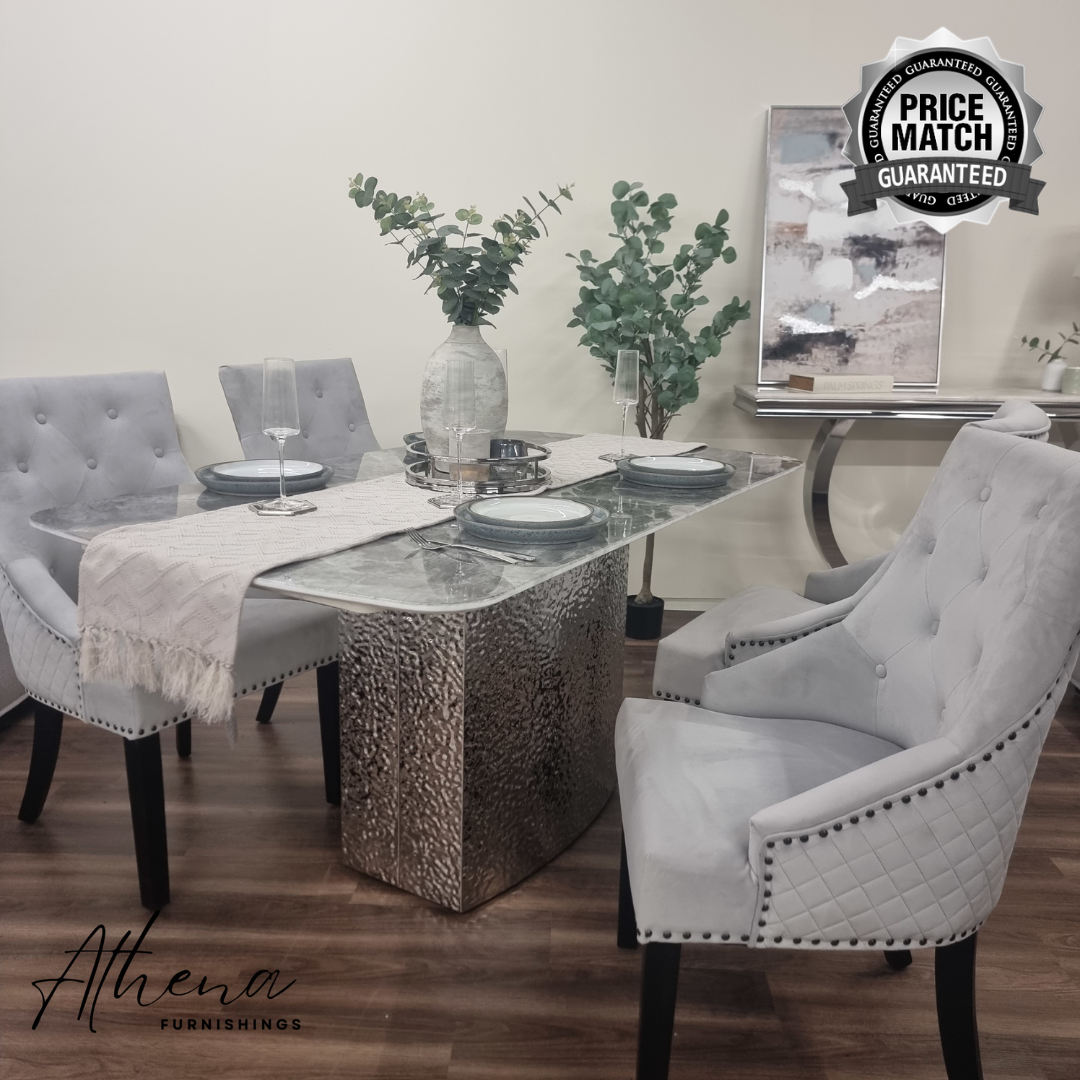 Rome 1.6M Crystal Grey Marble Dining Table with 4x Carlisle Black Leg Dining Chairs