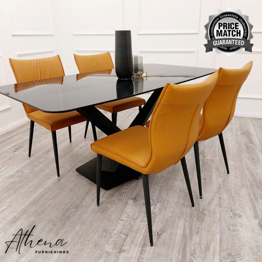 Alnwick 1.6M Black Sintered Dining table with Tan Ely Chairs