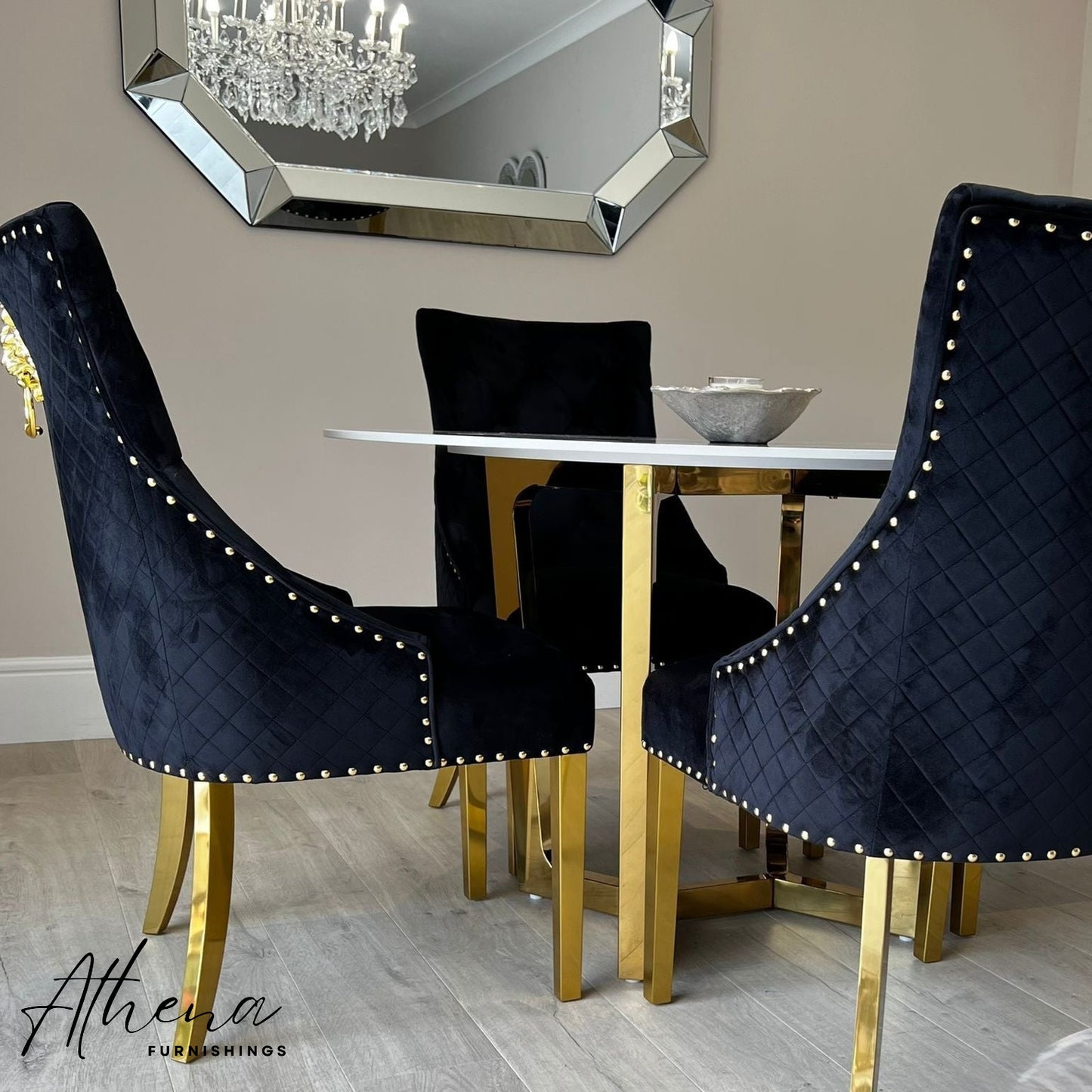 Kendal Gold 1.2M Circular Sintered Stone Dining Table with Black Carlisle Gold Chairs