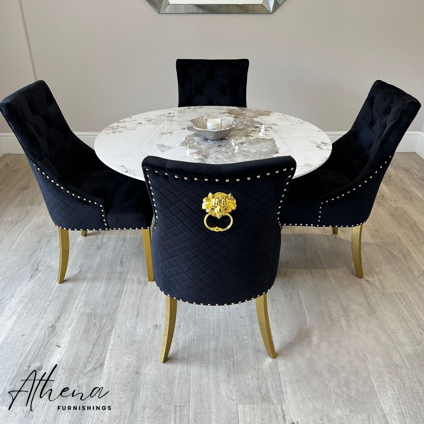 Kendal Gold 1.2M Circular Sintered Stone Dining Table with Black Carlisle Gold Chairs