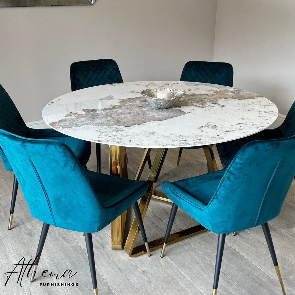 Abingdon Gold Circular White Sintered Stone Dining table with Teal Windsor Chairs