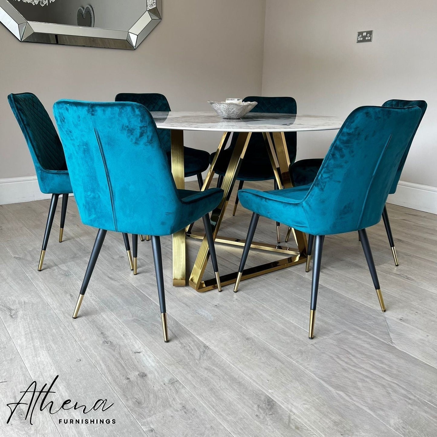 Abingdon Gold Circular White Sintered Stone Dining table with Teal Windsor Chairs